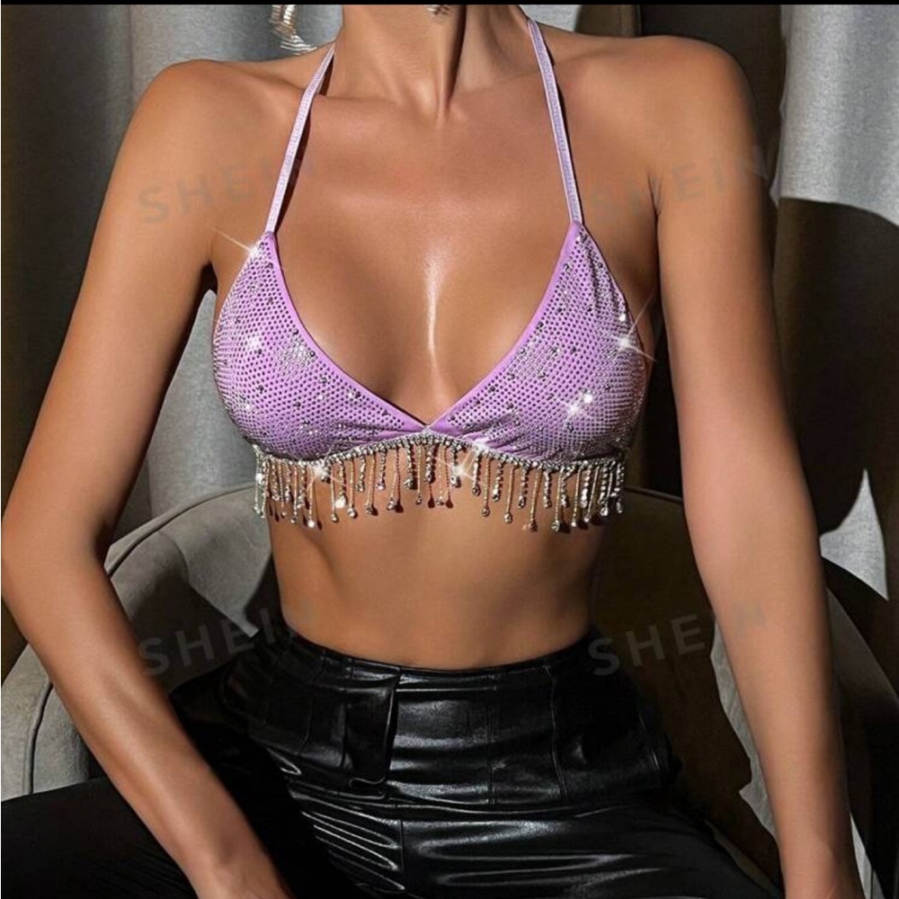 Rhinestone tassel shimmy fringe lavender rave bikini crop halter top